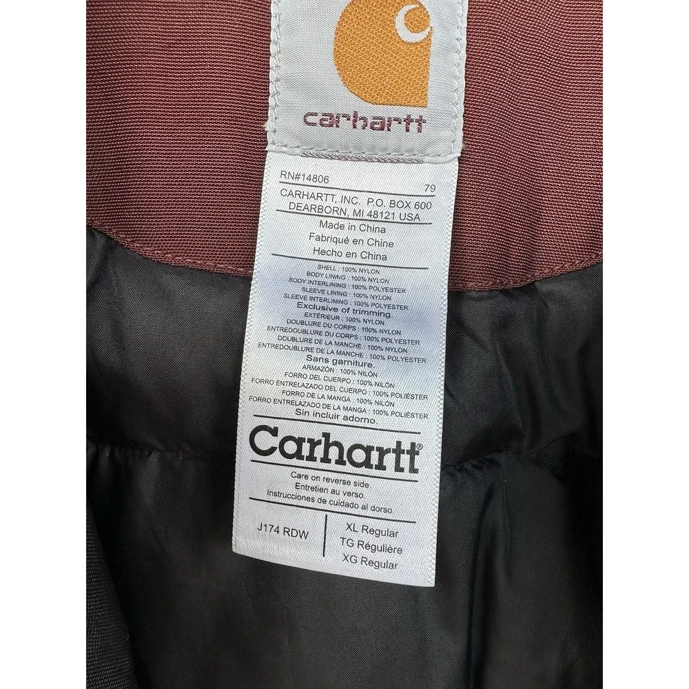 Carhartt J174 RDW Nylon Insulated Jacket Zip Snap Workwear Maroon Mens XL‎
